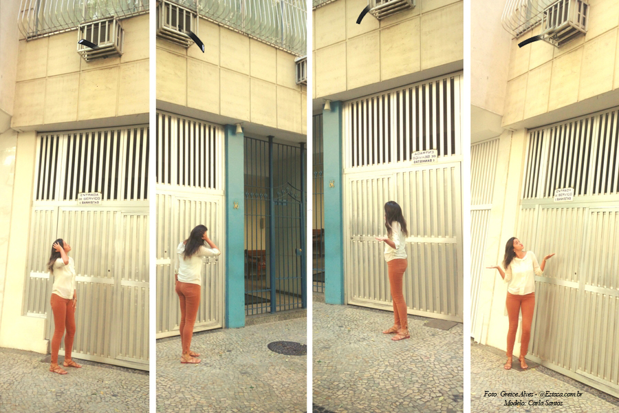 Foto da síndica profissional Estasa, Carla Santos, sem saber lidar com o pinga-pinga de um ar-condicionado para a pauta "Como lidar com o pinga-pinga do ar-condicionado?" para o Blog da Estasa.