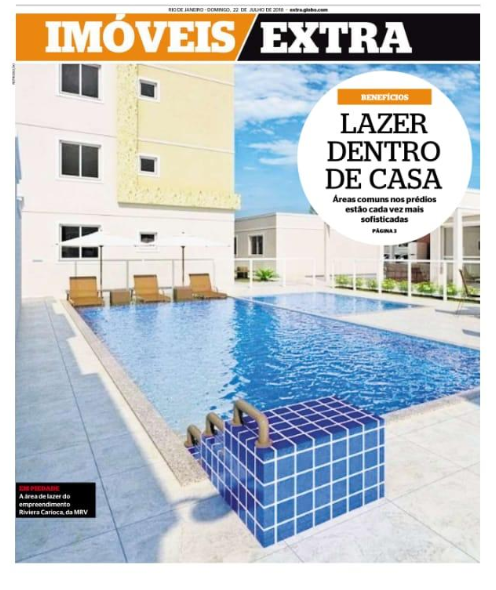 Foto da capa do Caderno Imóveis do Jornal Extra contendo a pauta "Lazer dentro de casa" sobre áreas de lazer dentro de condomínio